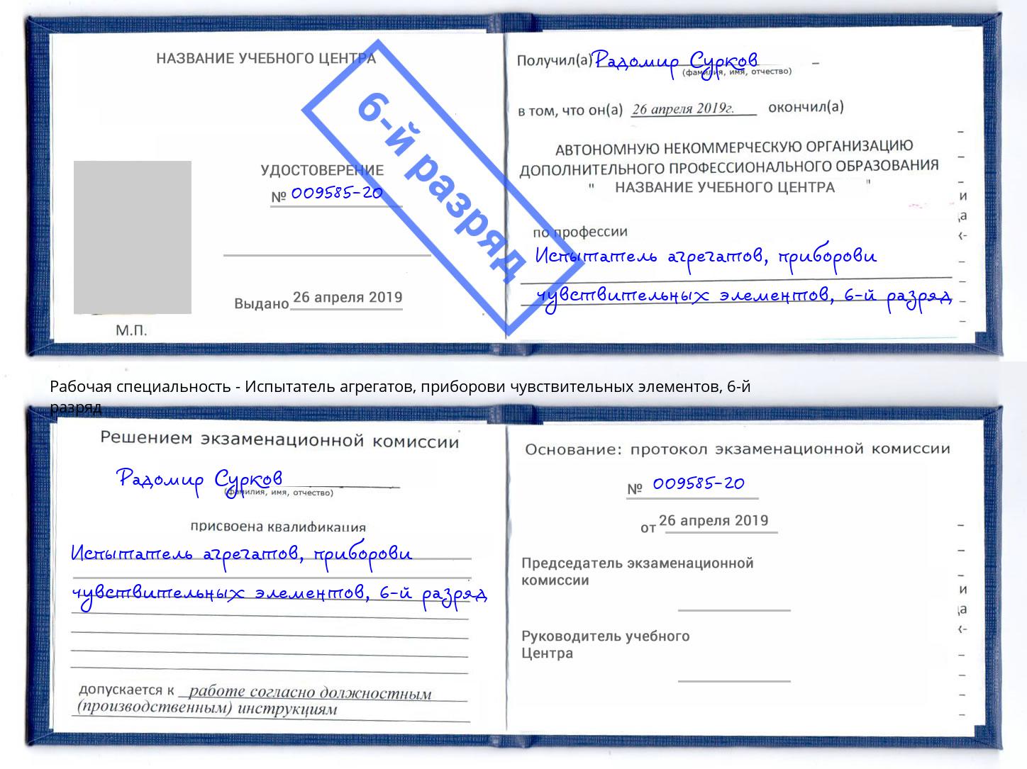 корочка 6-й разряд Испытатель агрегатов, приборови чувствительных элементов Вязники