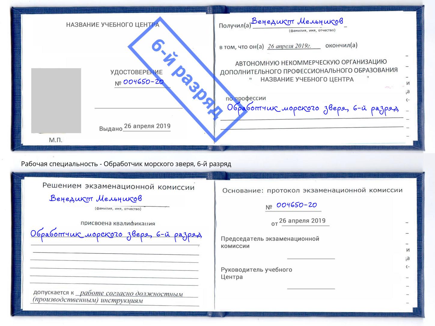 корочка 6-й разряд Обработчик морского зверя Вязники