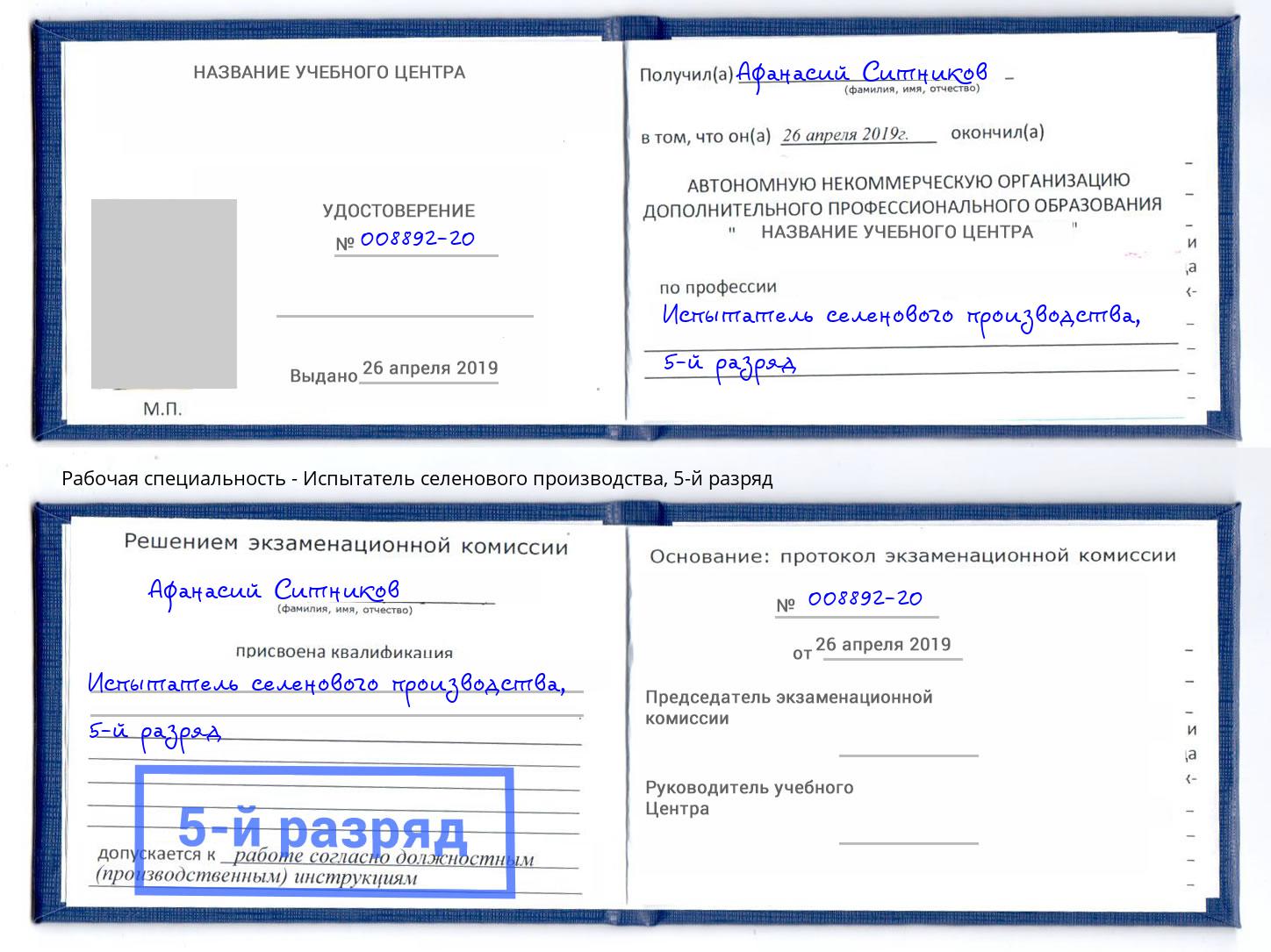 корочка 5-й разряд Испытатель селенового производства Вязники