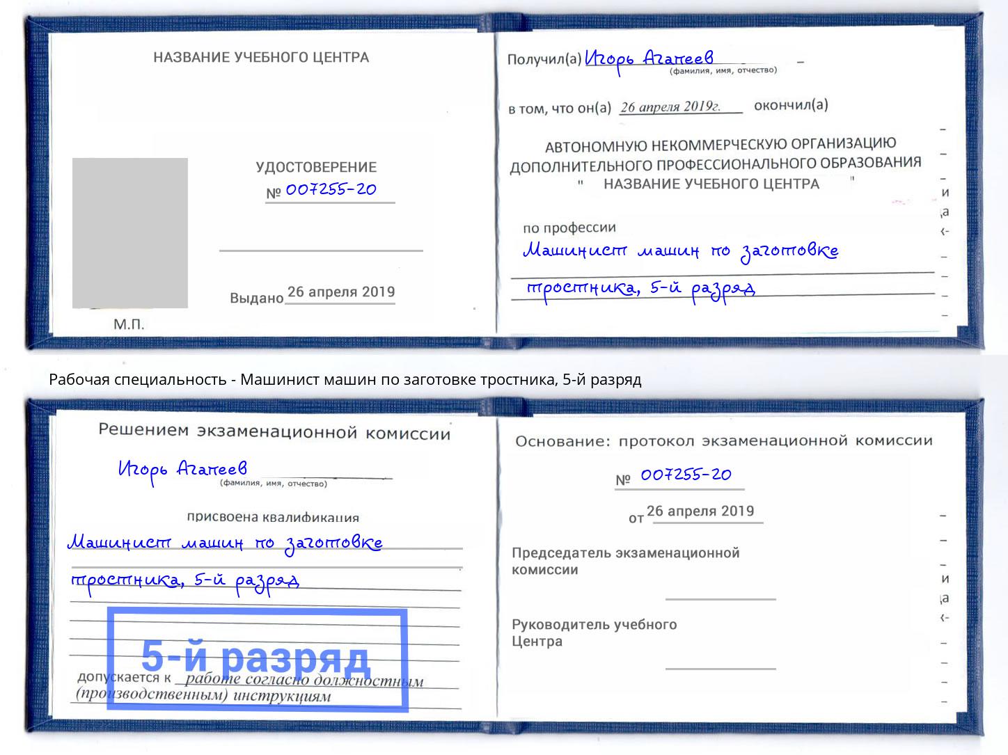 корочка 5-й разряд Машинист машин по заготовке тростника Вязники