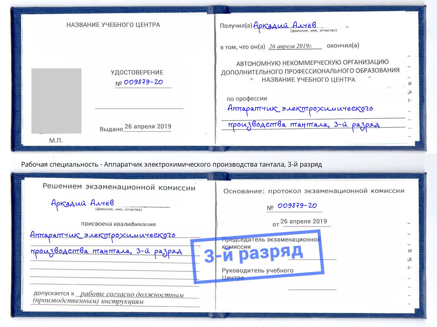 корочка 3-й разряд Аппаратчик электрохимического производства тантала Вязники