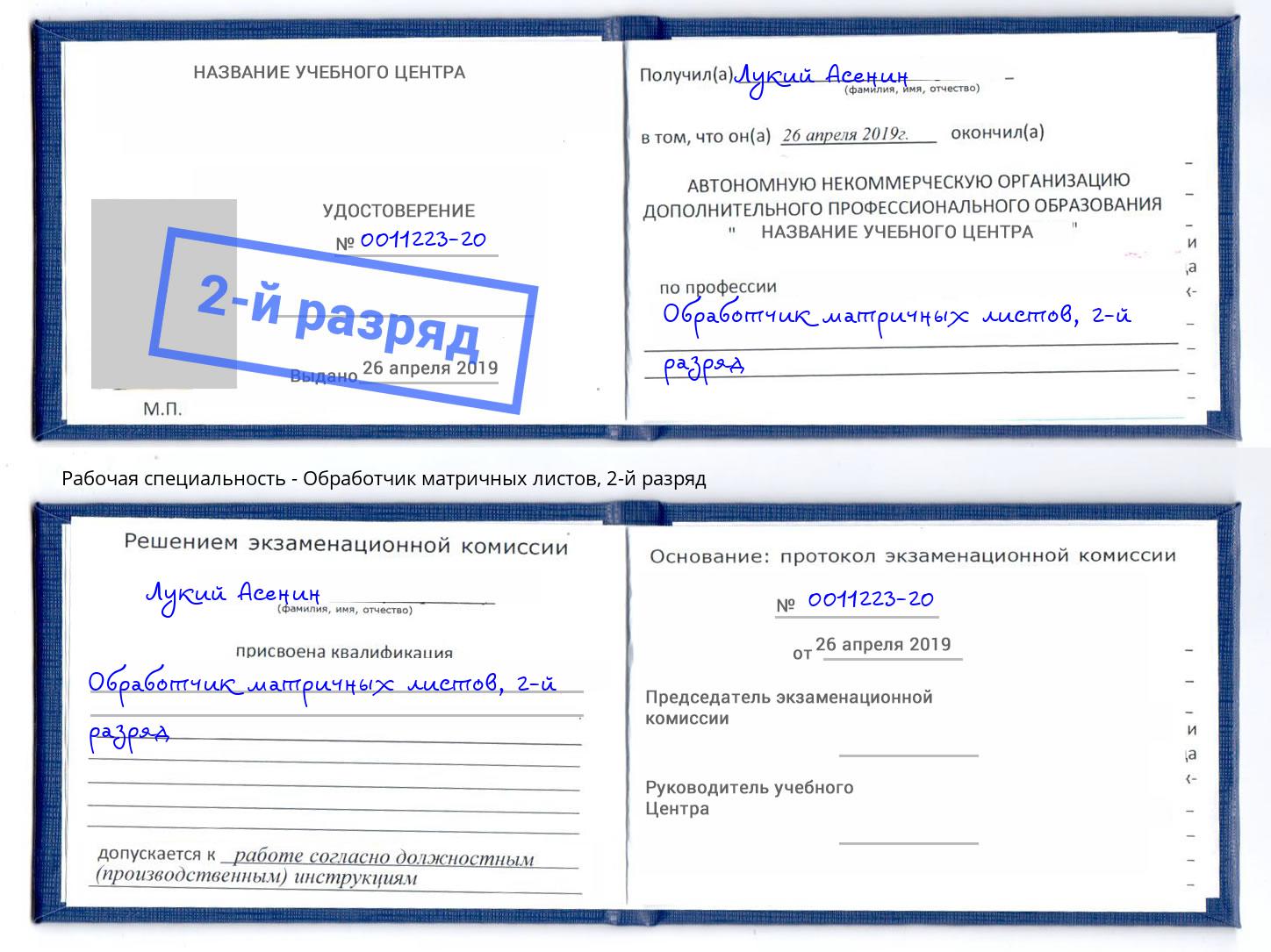 корочка 2-й разряд Обработчик матричных листов Вязники