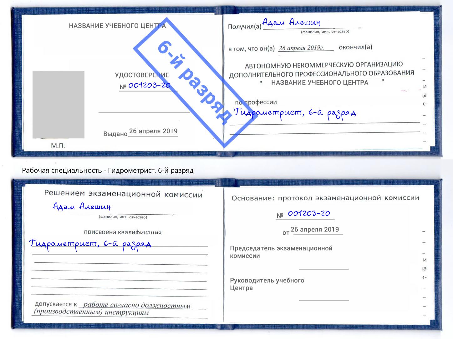 корочка 6-й разряд Гидрометрист Вязники